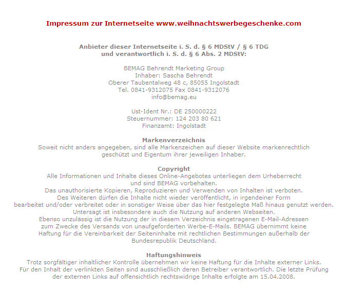 Impressum Weihnachtswerbegeschenke